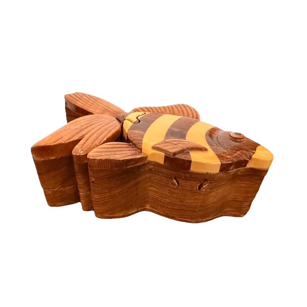 Fish- Wooden Puzzle Box Decorative Jewelry Trinket Box Handmade Vtg‎ Red Velvet